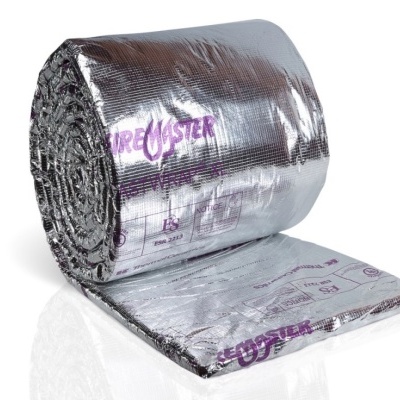 Rolo de isolamento térmico FireMaster prateado com texto e símbolos roxos