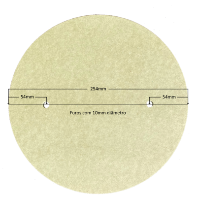 Disco circular bege com dois furos de 10mm e texto explicativo em português