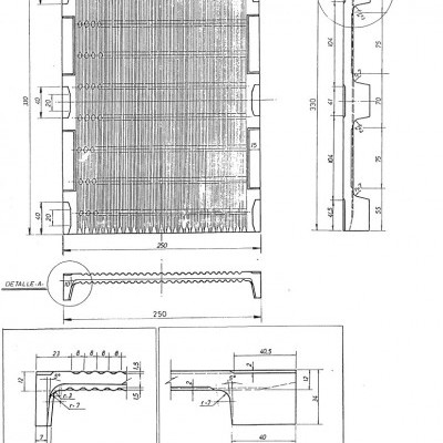 Desenho técnico de um componente mecânico com várias vistas e dimensões.