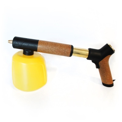 Pistola pulverizadora com cortiça, metal dourado e reservatório amarelo