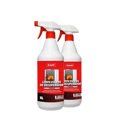 Duas garrafas de spray para limpeza de vidros de recuperador, com rótulo vermelho e pulverizador branco e vermelho.