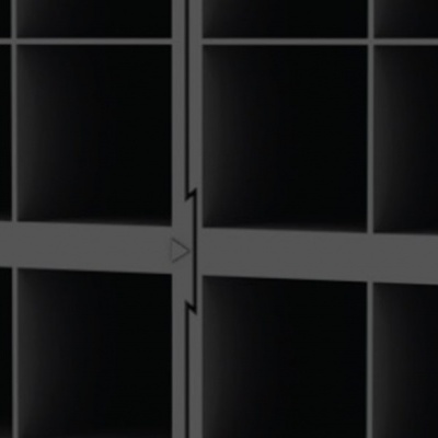 Estante preta com divisórias quadradas e detalhe central