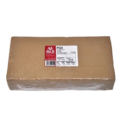 Bloco retangular castanho claro com rótulo e embalagem plástica.