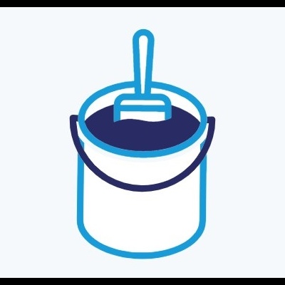 Ícone de balde branco com tinta e pincel azuis