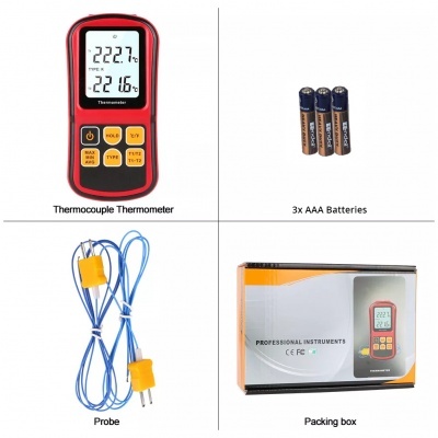 Termómetro termopar vermelho com ecrã digital, pilhas AAA, sonda azul e caixa de embalagem