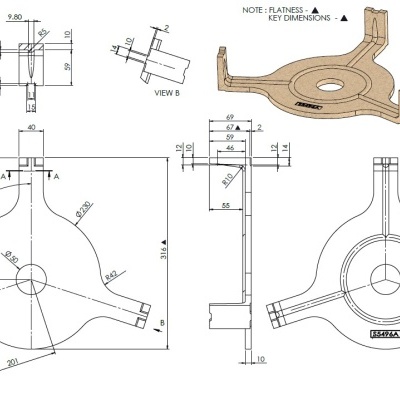 Desenho técnico de suporte trifurcado com dimensões e indicações técnicas