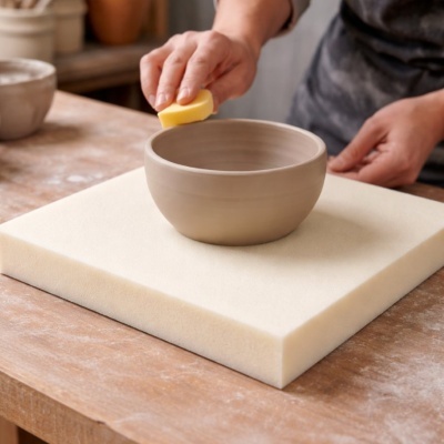 Taça de barro cinzento em fabrico com mão usando esponja amarela sobre base de espuma branca