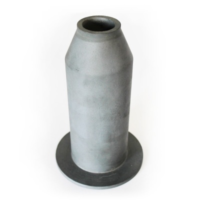 Pezzo metálico cilíndrico cinza com base circular preta