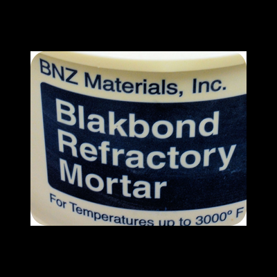 Frasco de Blakbond Refractory Mortar com informações de temperatura e fabricante