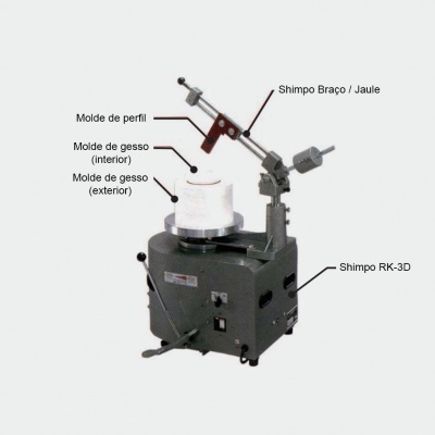 Máquina de moldagem com moldes e etiquetas em fundo branco