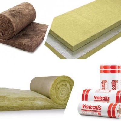 Quatro tipos de materiais isolantes em diferentes formatos e cores, com embalagens da marca Vokalis.