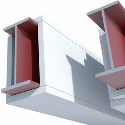 Perfis metálicos em forma de I, brancos e vermelhos, sobre fundo branco