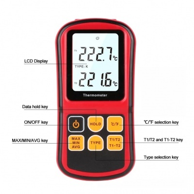 Termómetro digital com ecrã LCD a mostrar temperaturas e vários botões em corpo vermelho