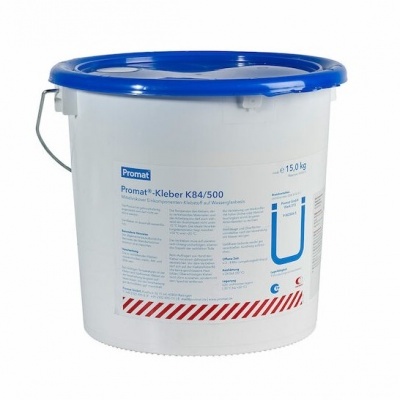 Balde branco de plástico com tampa azul contendo Promat Kleber K84/500