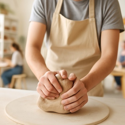 Pessoa amassa barro castanho claro numa superfície branca com avental bege