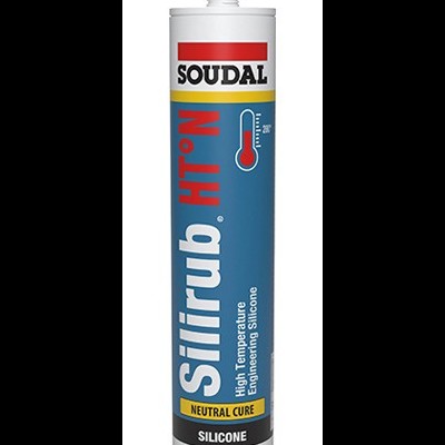 Frasco de silicone Silirub HT'N da SOUDAL com rótulo azul e vermelho, tampa branca