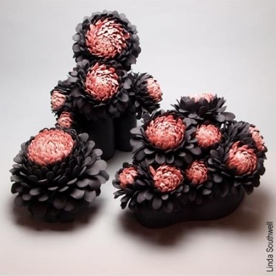 Arranjos florais artísticos cor-de-rosa e preto sobre fundo branco