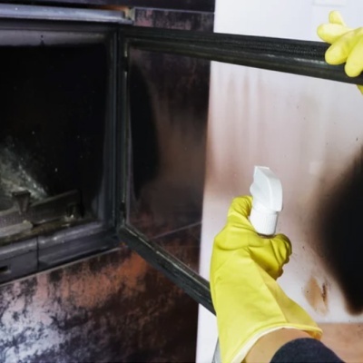 Pessoa a limpar vidro de lareira com spray e luvas amarelas