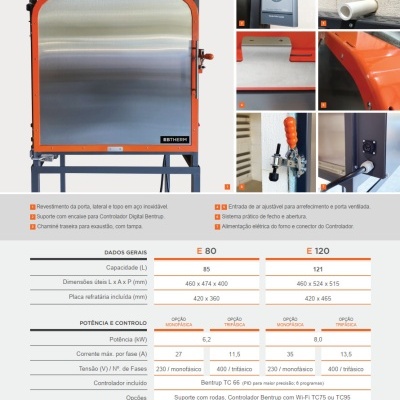 Forno industrial BTHERM em aço inoxidável e metal pintado laranja e cinza com controlador digital Bentrup.
