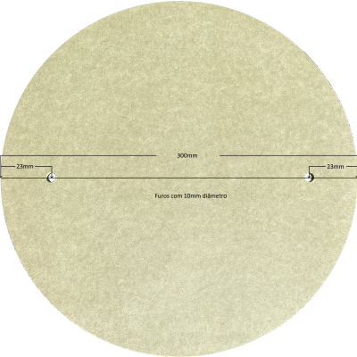 círculo cinza com medidas e furos indicados