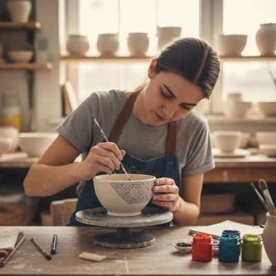 Mulher pintando padrão geométrico numa tigela de cerâmica branca numa oficina