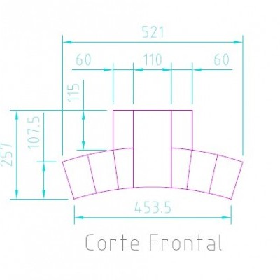 Desenho técnico com dimensões da peça em corte frontal