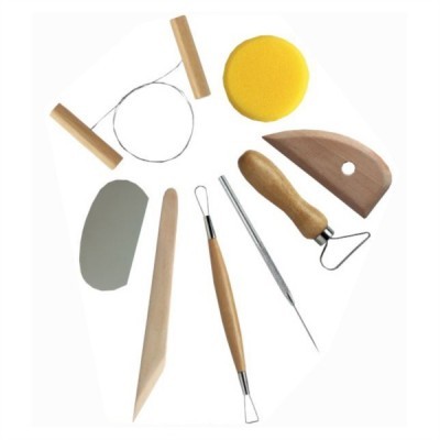 Conjunto de ferramentas para cerâmica com esponja, cabos de madeira, espátula e lâmina
