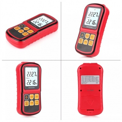 Medidor digital vermelho com ecrã LCD e botões amarelos e pretos