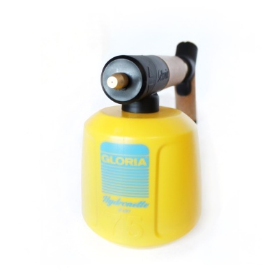 Frasco pulverizador amarelo com rótulo azul e bocal preto com parte metálica