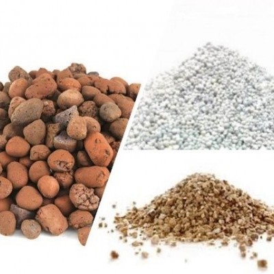 Três tipos de substratos para plantas, argila expandida, perlita e vermiculita