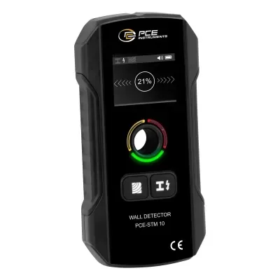 Detetor de paredes preto com ecrã digital e luzes LED coloridas.