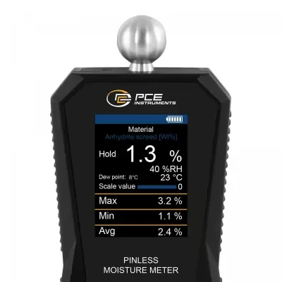 Medidor de humidade digital PCE Instruments com visor e esfera metálica no topo.