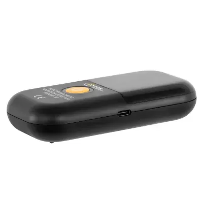 Leitor de código de barras portátil preto com botão amarelo e porta USB tipo C
