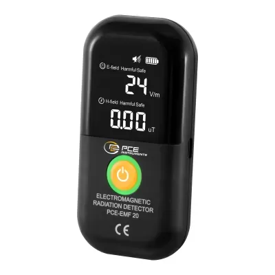 Detetor digital de radiação electromagnética preto com visor e botão de ligar amarelo