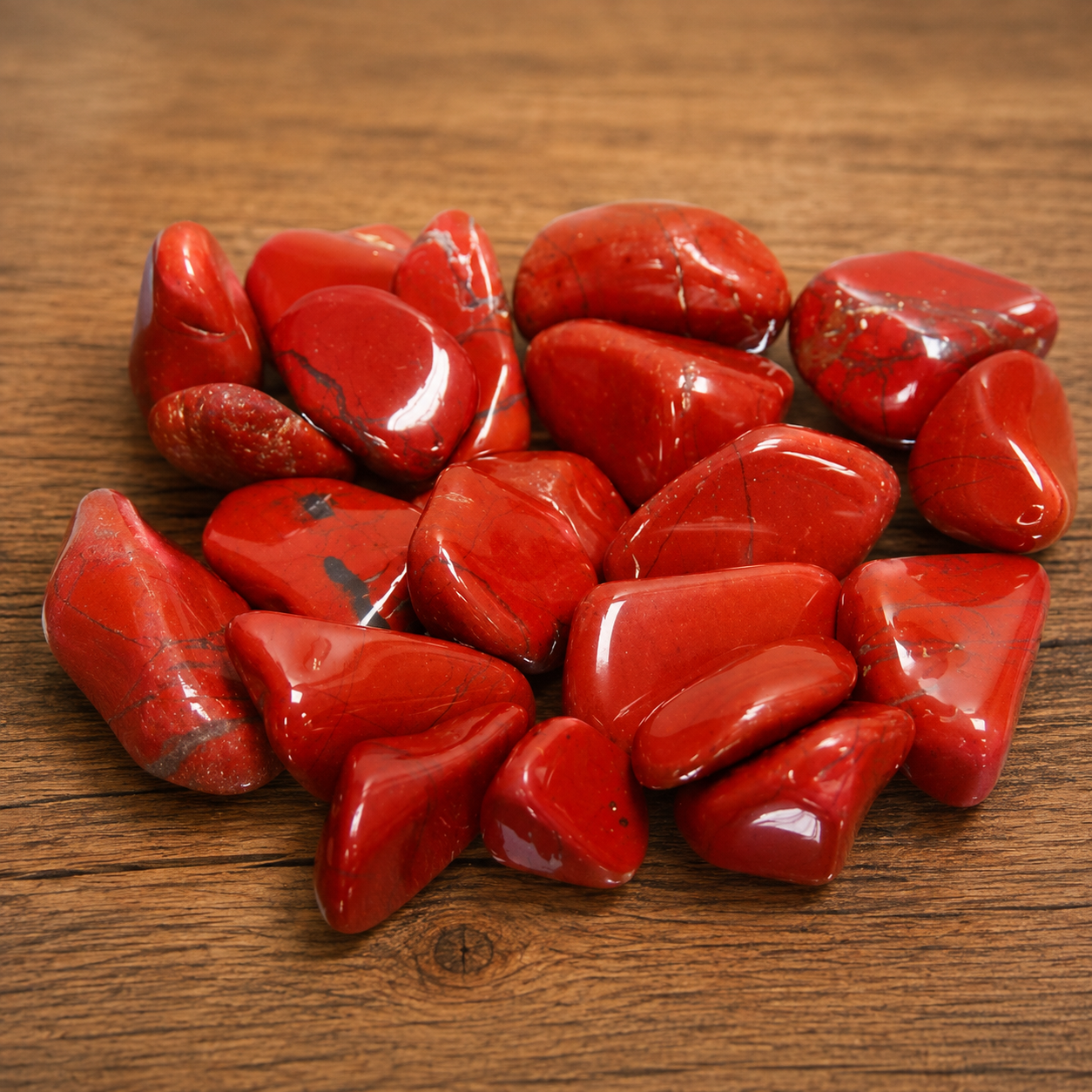 Jaspe Vermelho Polido Conjunto de pedras polidas vermelhas com veios negros sobre madeira.