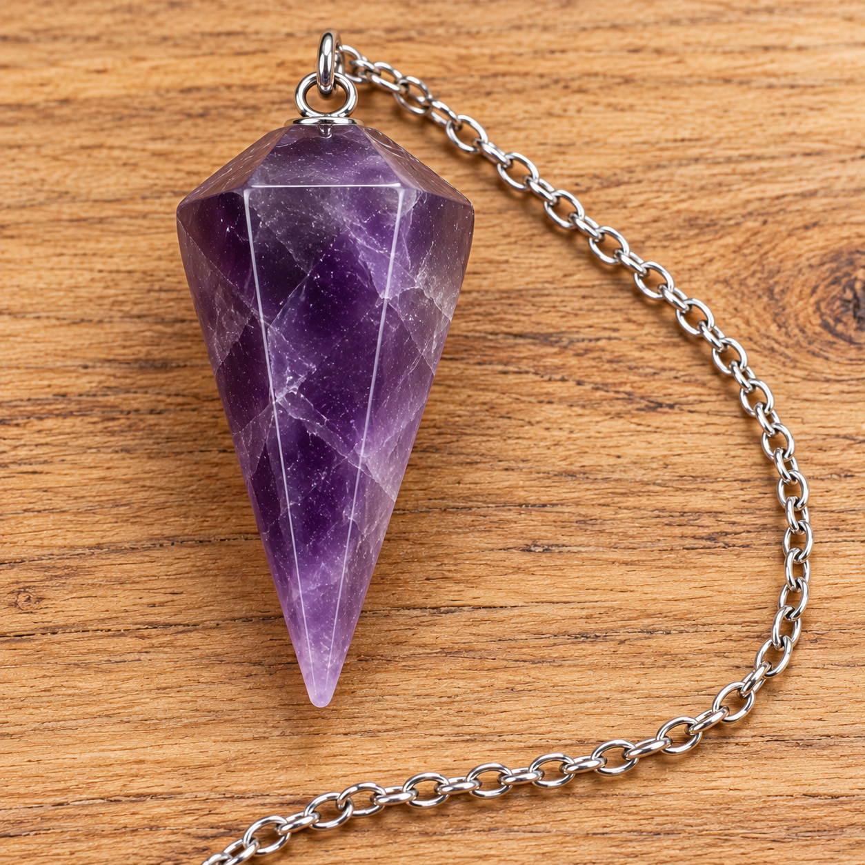 Pendulo Ametista Facetado Pêndulo de cristal facetado roxo com corrente prateada sobre madeira clara