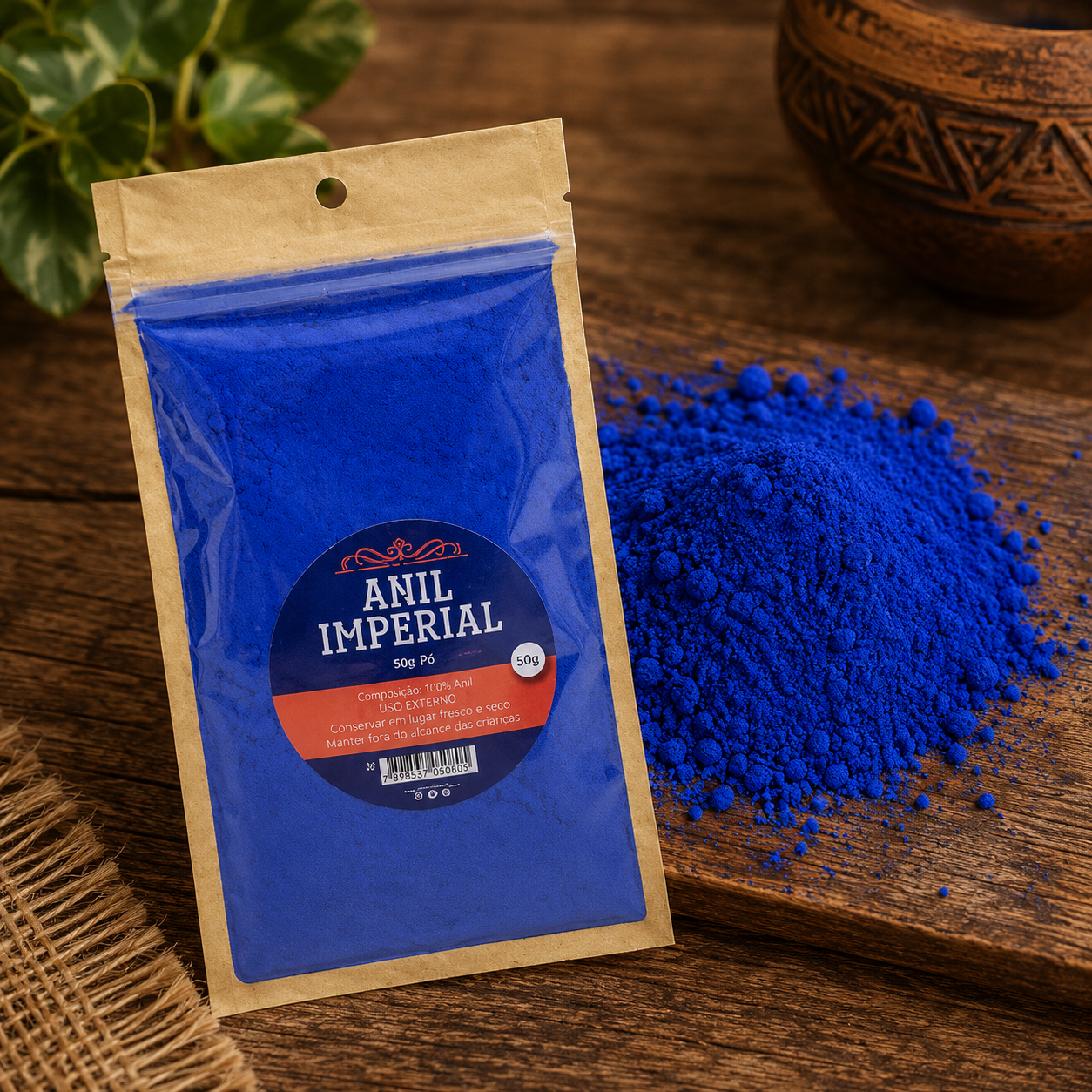 Pó de Anil, 50gr Pó azul em saco com etiqueta ANIL IMPERIAL sobre mesa de madeira com planta e vaso decorativo