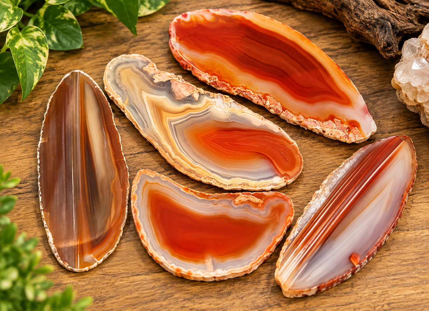 Agata Vermelha Placas de ágata laranja e castanha sobre madeira com plantas ao redor