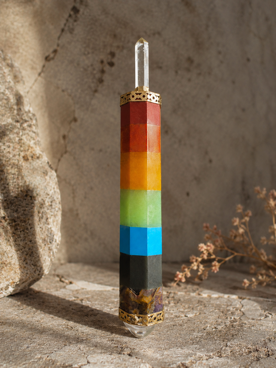 Varinha de Quartz com 7 Chakras Objeto colorido hexagonal com cristal na ponta e detalhes dourados