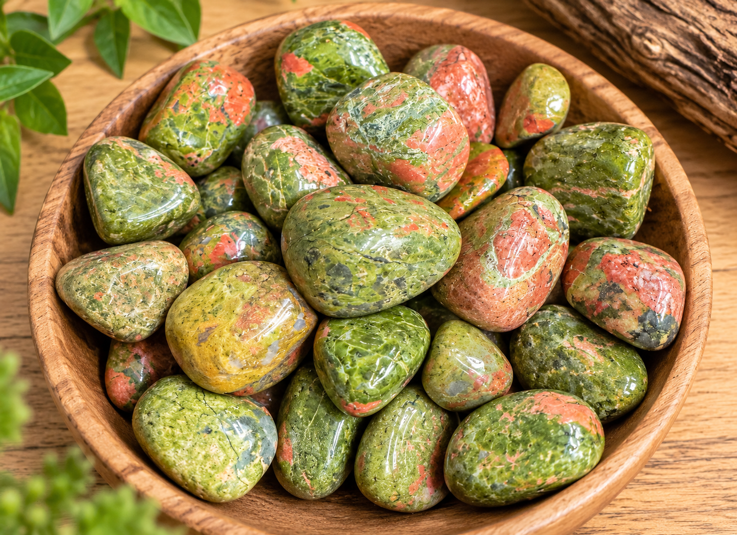 Rodado Unakite Pedras polidas coloridas numa tigela de madeira