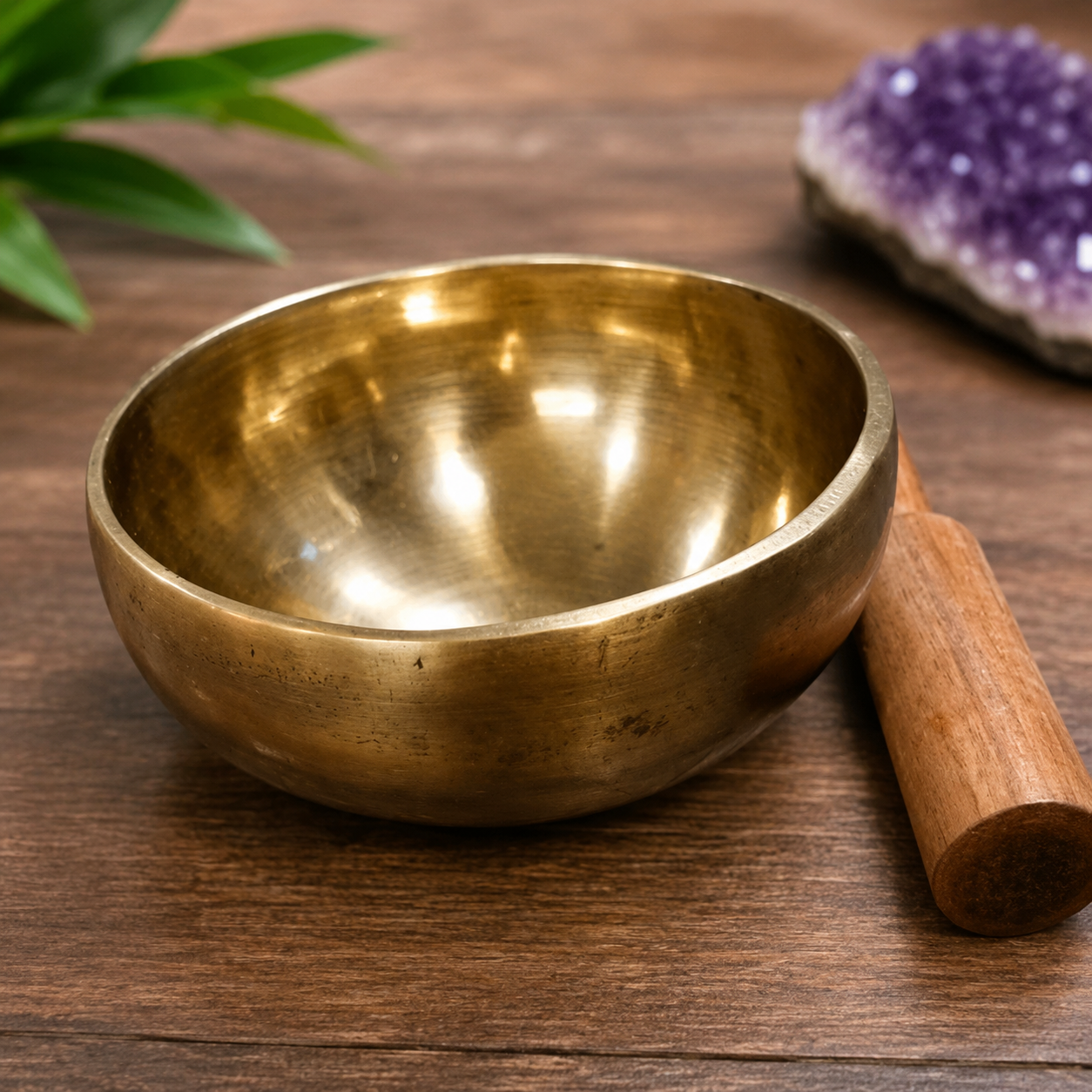 Taça Tibetana 10,5cm aproximadamente Tigela cantonesa dourada com bastão de madeira, planta verde e cristal ametista.