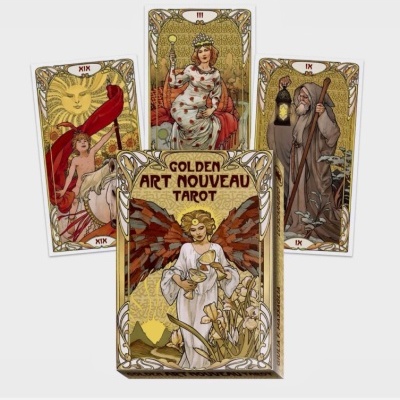Conjunto de cartas de tarô Art Nouveau com embalagem e desenhos coloridos.