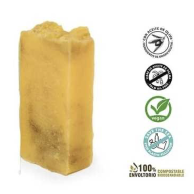 Barra de sabão amarelo com ícones de certificação