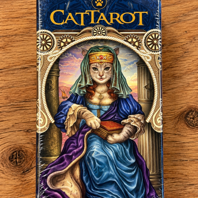 Caixa do jogo CATTAROT com ilustração de gato vestido historicamente segurando um livro.
