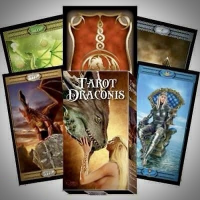 Conjunto de cartas de tarô TAROT DRACONIS com ilustrações de dragões e figuras humanas.