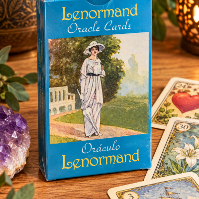 Caixa azul de cartas oráculo Lenormand com ilustração de mulher e cartas espalhadas sobre mesa de madeira