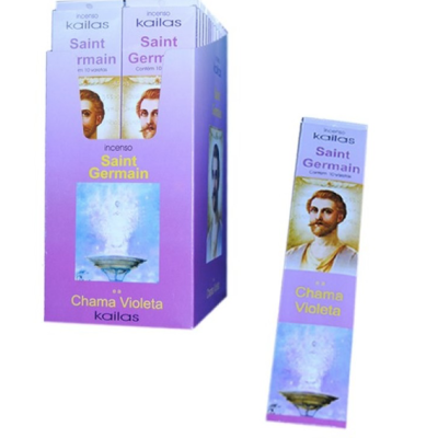 caixa e embalagem lilás de incenso Kailas Saint Germain Chama Violeta com imagem de homem e chama