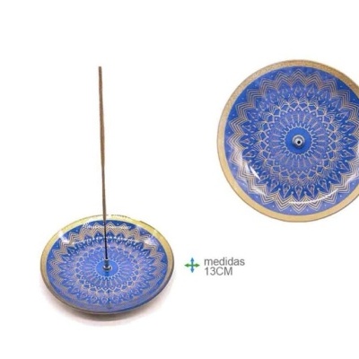 Incensário redondo azul com padrão mandala dourado e suporte para incenso
