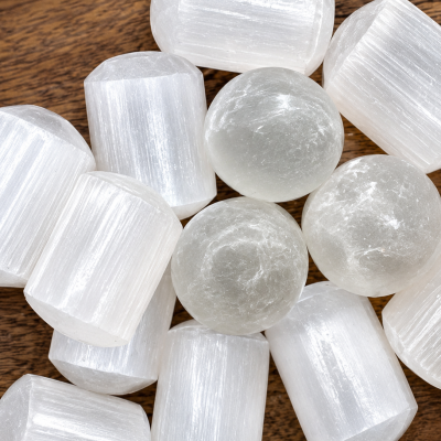 Pedras de selenite brancas translúcidas cilíndricas e esféricas sobre madeira castanha