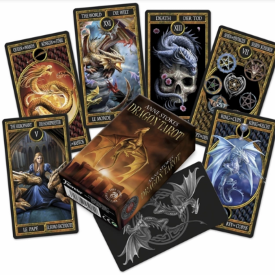 Cartas de tarot Dragon Tarot com ilustrações de dragões e embalagem.
